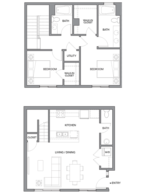 Floor plan for 2 beds, 2.5 baths, 1177 sqft